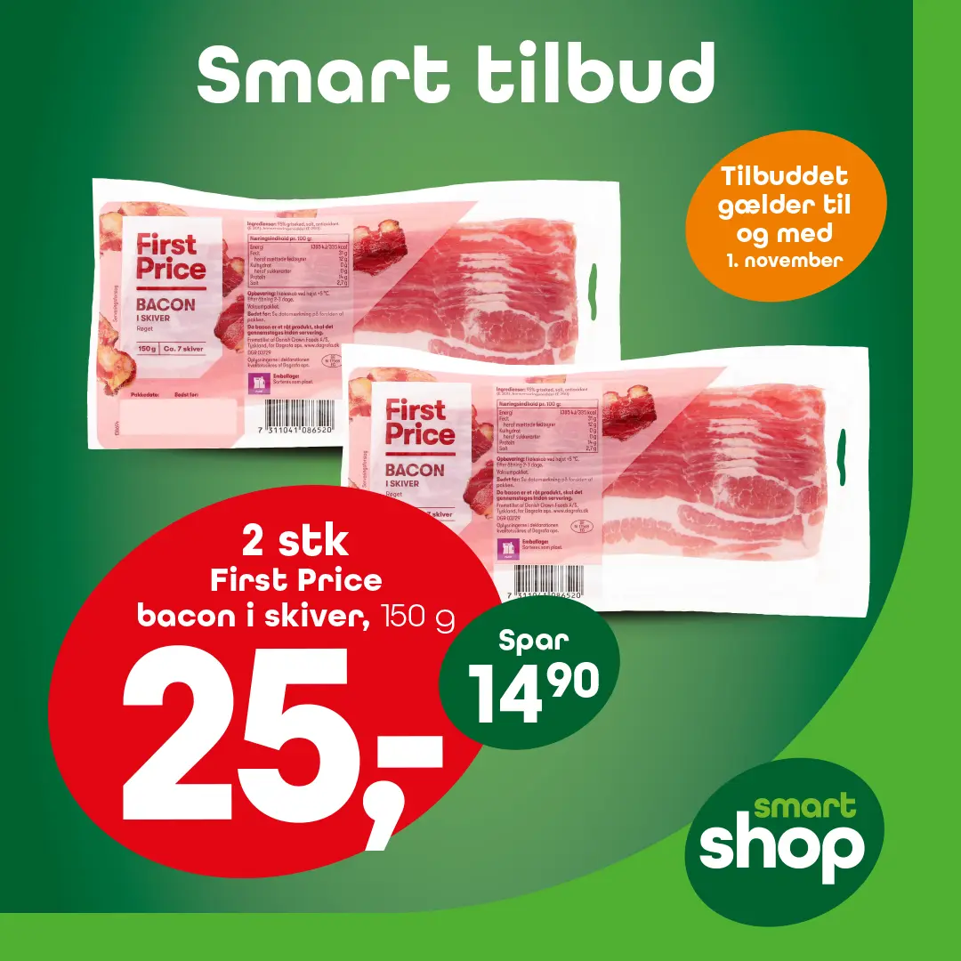 2 stk First Price bacon i skiver, 150 g — 25,-
